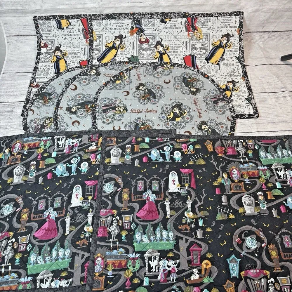 Hand Made Placemats Set of 7 HALLOWEEN Quilted Haunted Mansion Hocus Pocus Webs